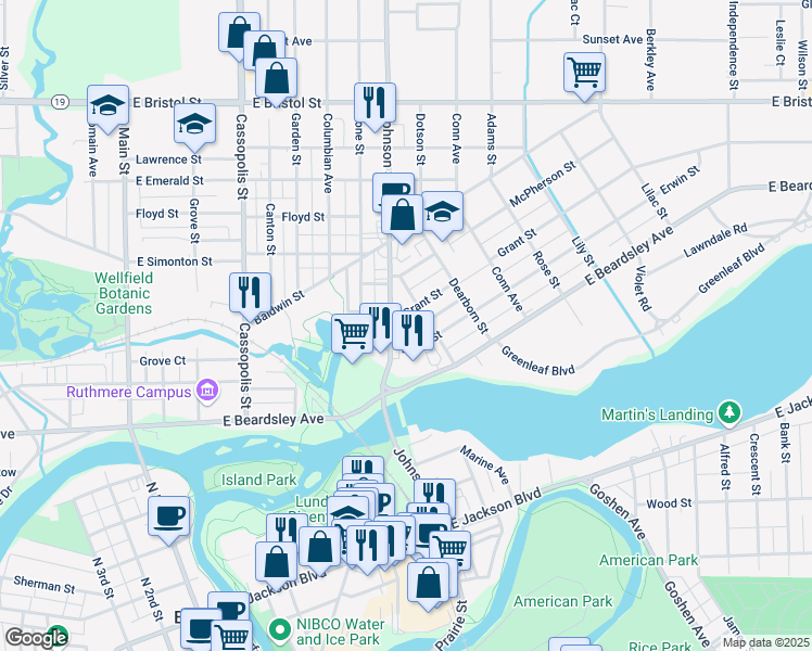 map of restaurants, bars, coffee shops, grocery stores, and more near 834 Erwin Street in Elkhart