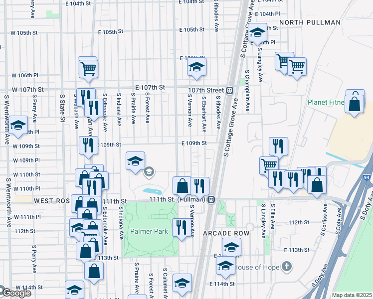 map of restaurants, bars, coffee shops, grocery stores, and more near 10931 South Vernon Avenue in Chicago