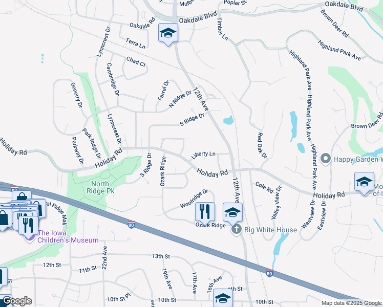 map of restaurants, bars, coffee shops, grocery stores, and more near 1970 Holiday Road in Coralville