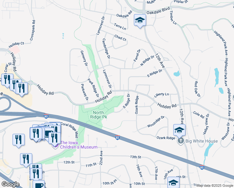 map of restaurants, bars, coffee shops, grocery stores, and more near 2050 Holiday Road in Coralville