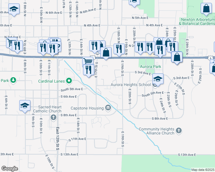 map of restaurants, bars, coffee shops, grocery stores, and more near 1711 South 4th Avenue East in Newton