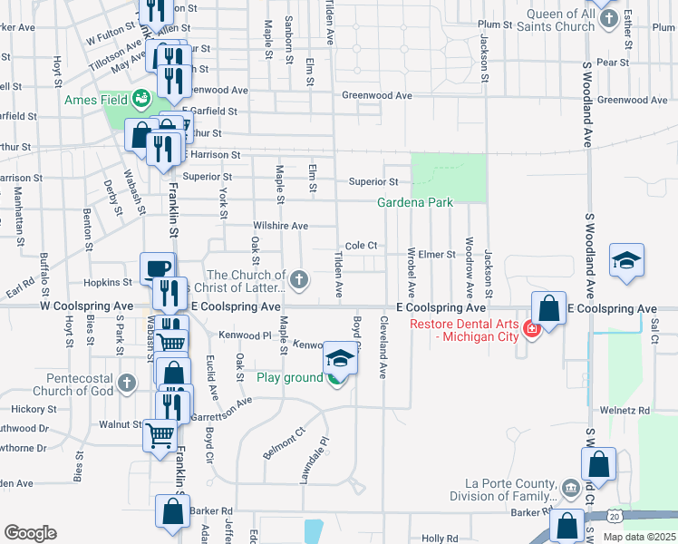 map of restaurants, bars, coffee shops, grocery stores, and more near 3300 Tilden Avenue in Michigan City