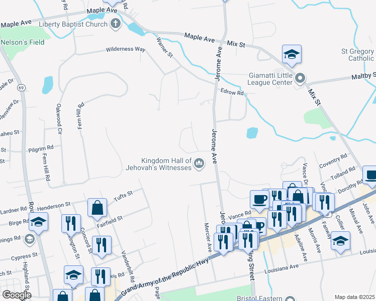 map of restaurants, bars, coffee shops, grocery stores, and more near 60 Swanson Drive in Bristol