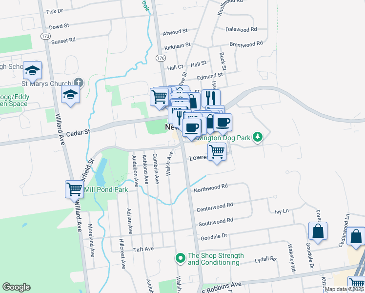 map of restaurants, bars, coffee shops, grocery stores, and more near Main Street in Newington