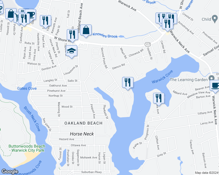 map of restaurants, bars, coffee shops, grocery stores, and more near 32 Stewart Street in Warwick