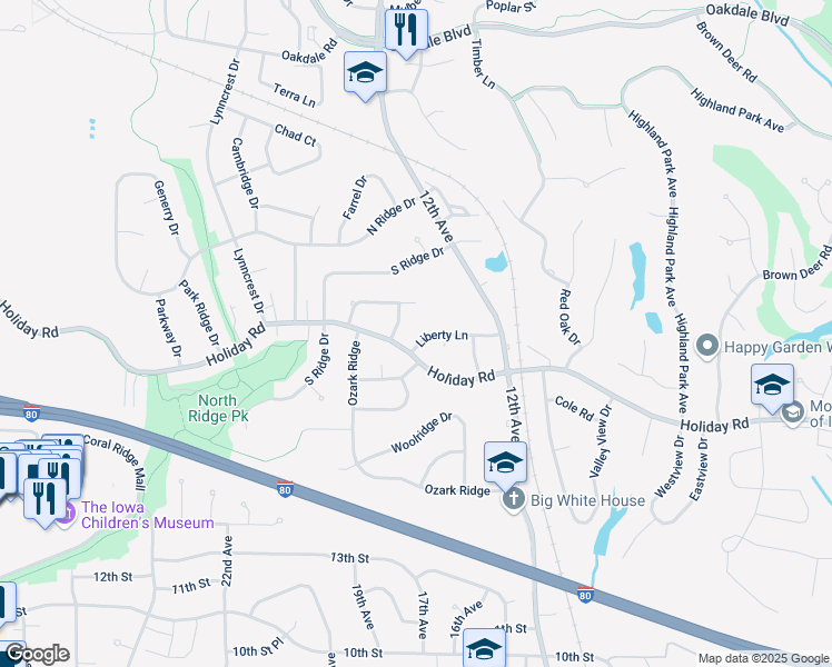 map of restaurants, bars, coffee shops, grocery stores, and more near 1970 Holiday Road in Coralville