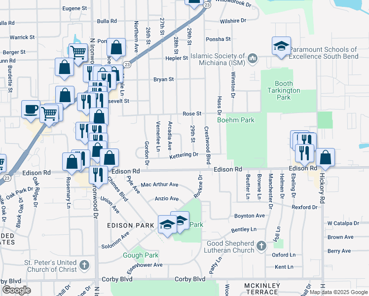 map of restaurants, bars, coffee shops, grocery stores, and more near 2832 Kettering Drive in South Bend