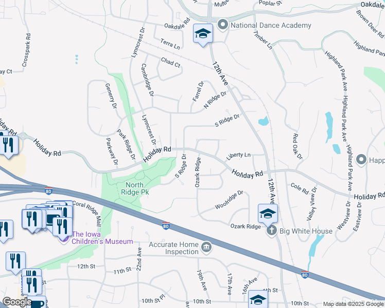 map of restaurants, bars, coffee shops, grocery stores, and more near 2008 Holiday Road in Coralville