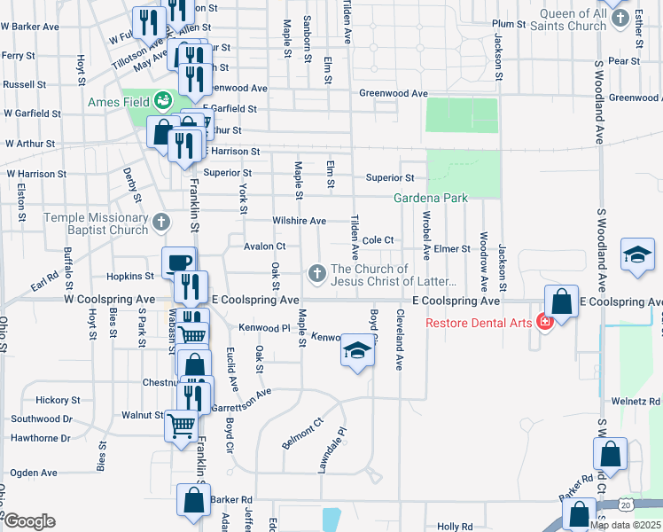 map of restaurants, bars, coffee shops, grocery stores, and more near 401 Beverly Court in Michigan City