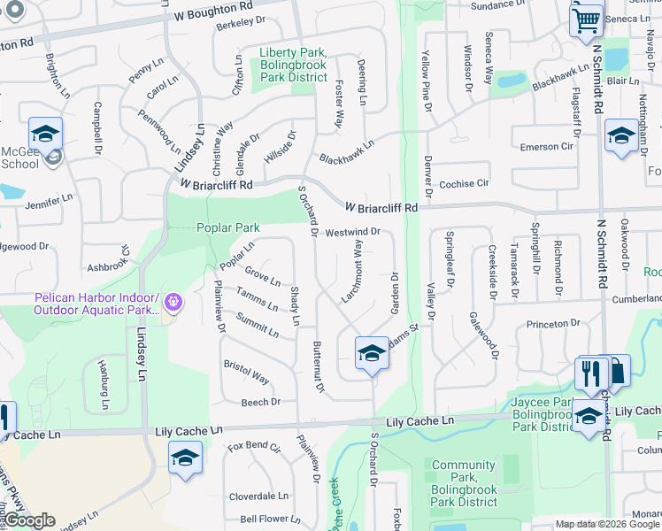 map of restaurants, bars, coffee shops, grocery stores, and more near 133 Butternut Drive in Bolingbrook