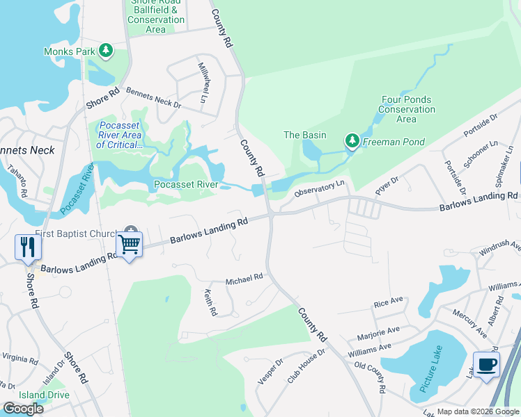 map of restaurants, bars, coffee shops, grocery stores, and more near 720 County Road in Bourne