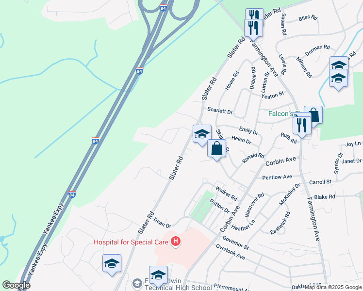 map of restaurants, bars, coffee shops, grocery stores, and more near 1099 Slater Road in New Britain