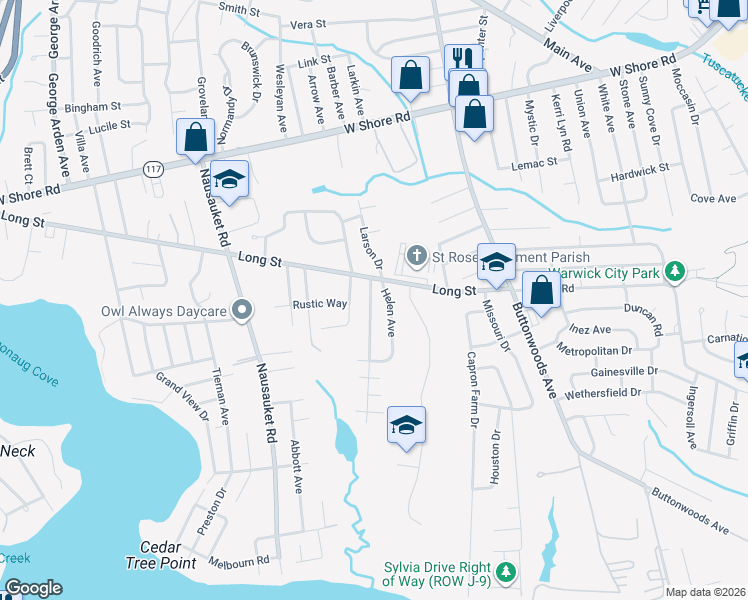 map of restaurants, bars, coffee shops, grocery stores, and more near 43 Bakers Creek Road in Warwick