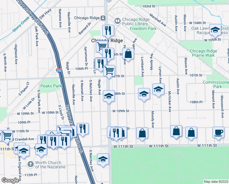 map of restaurants, bars, coffee shops, grocery stores, and more near 10811 Ridgeland Avenue in Chicago Ridge