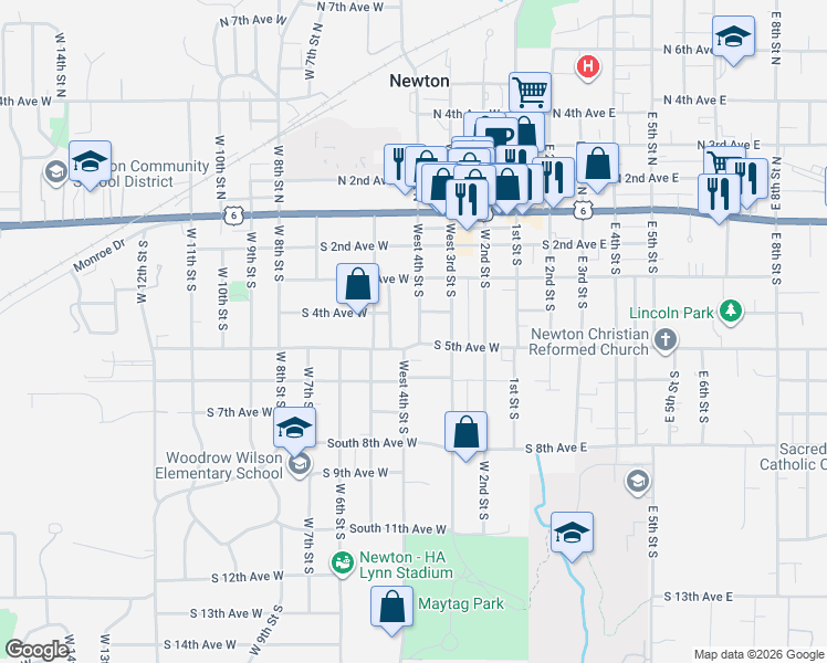 map of restaurants, bars, coffee shops, grocery stores, and more near 415 West 4th Street South in Newton