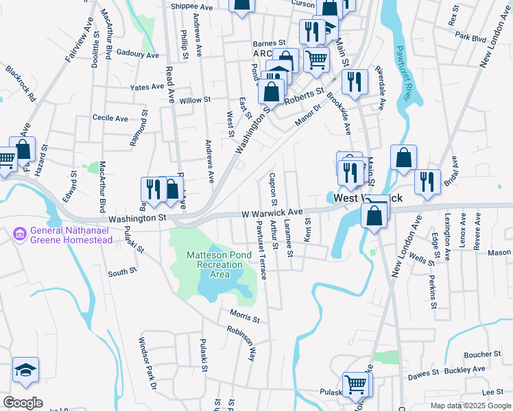 map of restaurants, bars, coffee shops, grocery stores, and more near 39 West Warwick Avenue in West Warwick