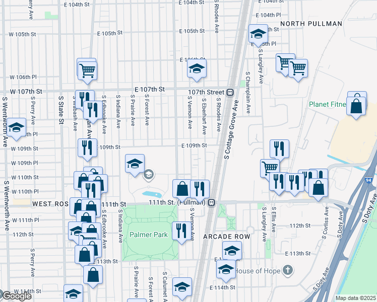 map of restaurants, bars, coffee shops, grocery stores, and more near 10908 South Vernon Avenue in Chicago