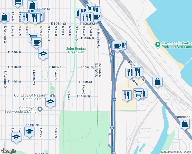 map of restaurants, bars, coffee shops, grocery stores, and more near 10958 South State Line Road in Chicago
