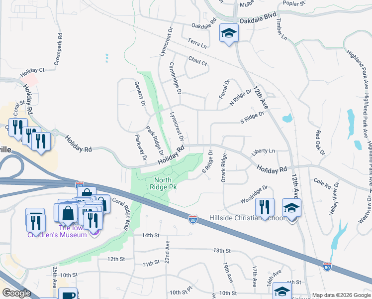 map of restaurants, bars, coffee shops, grocery stores, and more near 2050 Holiday Road in Coralville