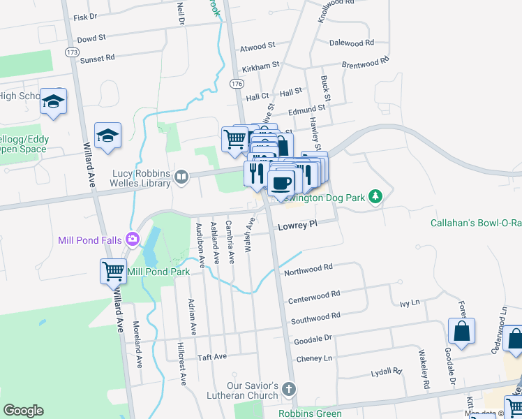 map of restaurants, bars, coffee shops, grocery stores, and more near 33 Walsh Avenue in Newington