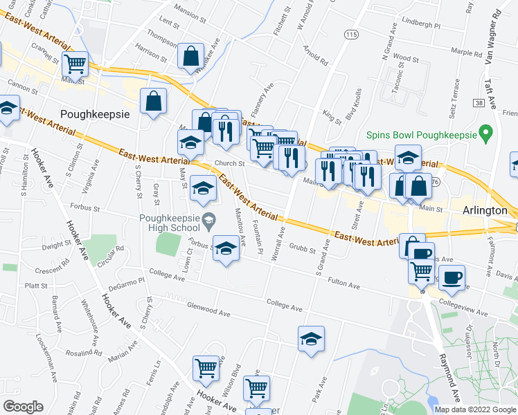 map of restaurants, bars, coffee shops, grocery stores, and more near 5 Mack Road in Poughkeepsie