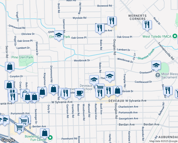 map of restaurants, bars, coffee shops, grocery stores, and more near 2651 Ivy Place in Toledo