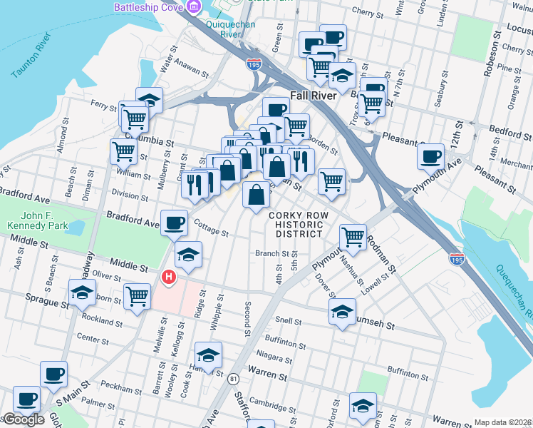 map of restaurants, bars, coffee shops, grocery stores, and more near 513 Third Street in Fall River
