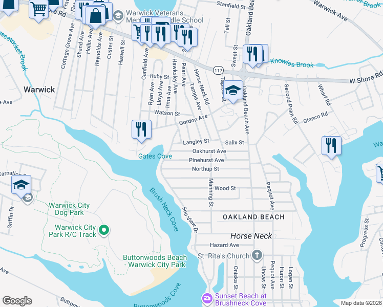 map of restaurants, bars, coffee shops, grocery stores, and more near 120 Pinehurst Avenue in Warwick