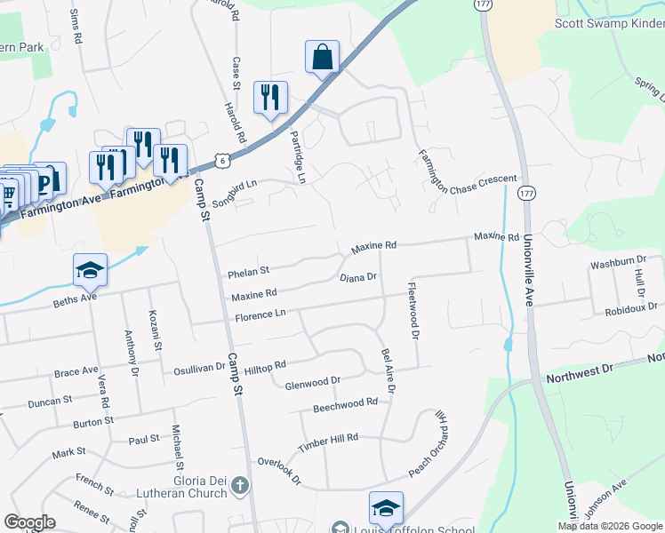 map of restaurants, bars, coffee shops, grocery stores, and more near 4 Diana Drive in Plainville