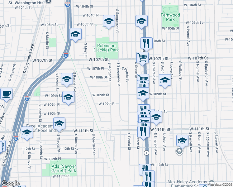 map of restaurants, bars, coffee shops, grocery stores, and more near 10912 South Sangamon Street in Chicago