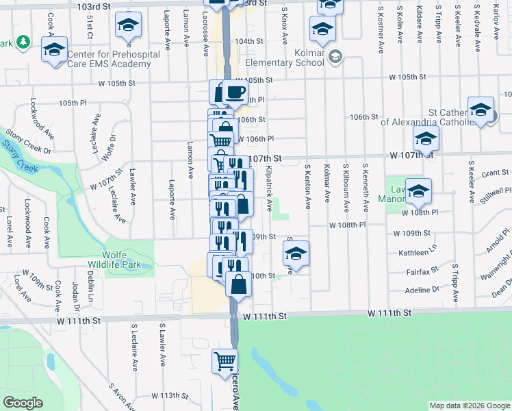 map of restaurants, bars, coffee shops, grocery stores, and more near 10830 Kilpatrick Avenue in Oak Lawn