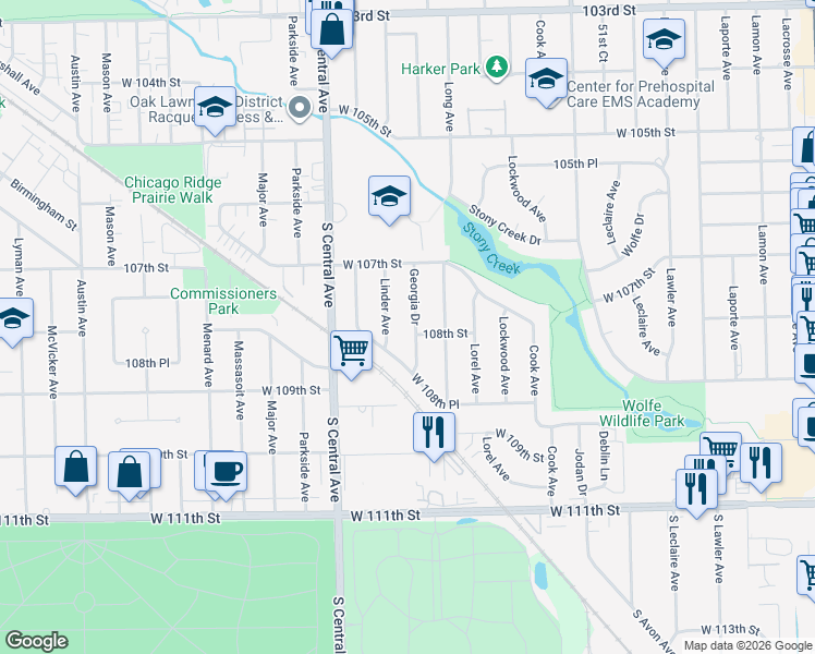 map of restaurants, bars, coffee shops, grocery stores, and more near 10805 Georgia Drive in Oak Lawn