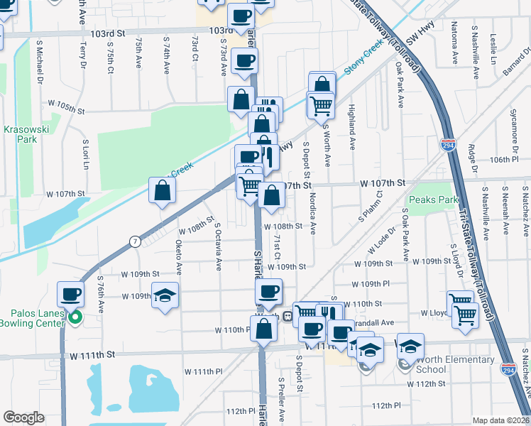 map of restaurants, bars, coffee shops, grocery stores, and more near 10801 71st Court in Worth