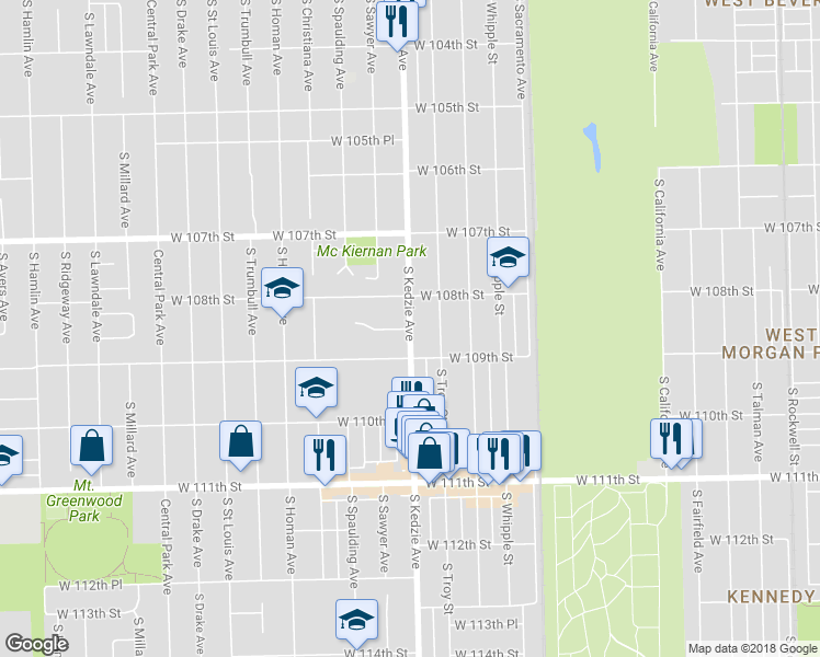 map of restaurants, bars, coffee shops, grocery stores, and more near 3200 West 108th Place in Chicago