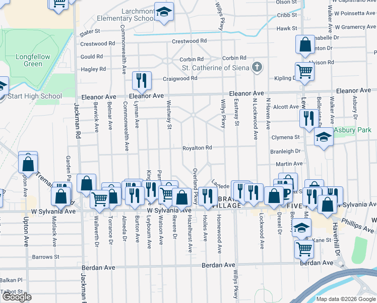 map of restaurants, bars, coffee shops, grocery stores, and more near 4209 Overland Parkway in Toledo