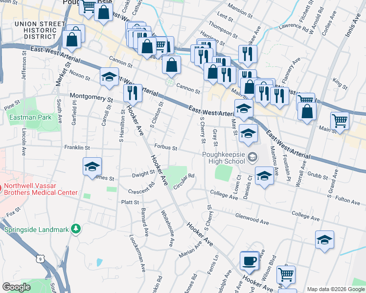 map of restaurants, bars, coffee shops, grocery stores, and more near 23 Forbus Street in Poughkeepsie
