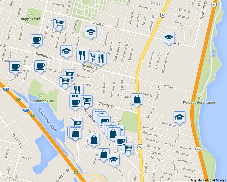 map of restaurants, bars, coffee shops, grocery stores, and more near 184 Haffards Street in Fall River