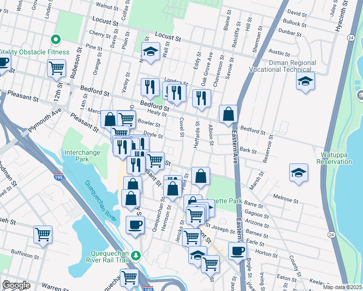 map of restaurants, bars, coffee shops, grocery stores, and more near 205 Covel Street in Fall River