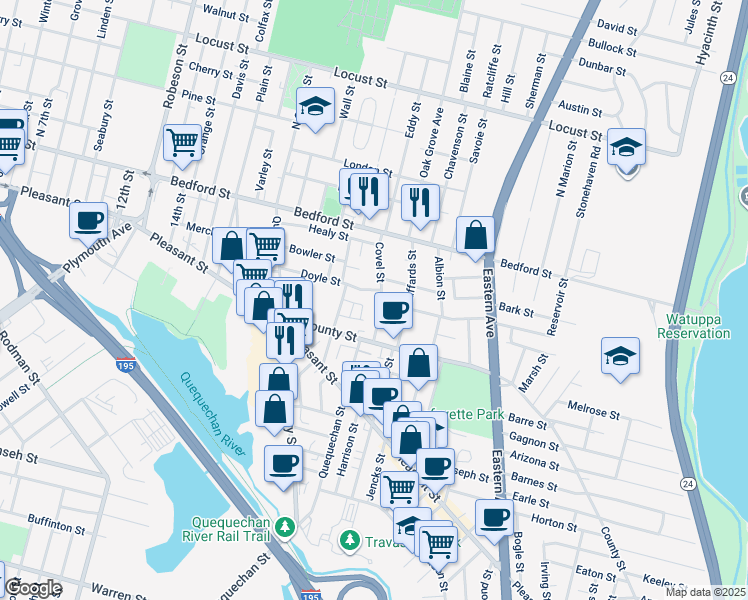 map of restaurants, bars, coffee shops, grocery stores, and more near 205 Covel Street in Fall River