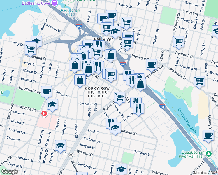 map of restaurants, bars, coffee shops, grocery stores, and more near 321 Wade Street in Fall River
