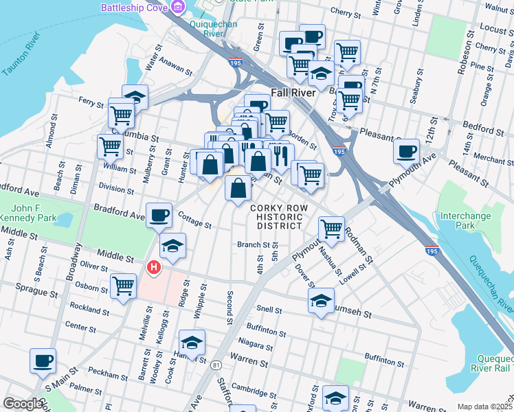 map of restaurants, bars, coffee shops, grocery stores, and more near 380 4th Street in Fall River