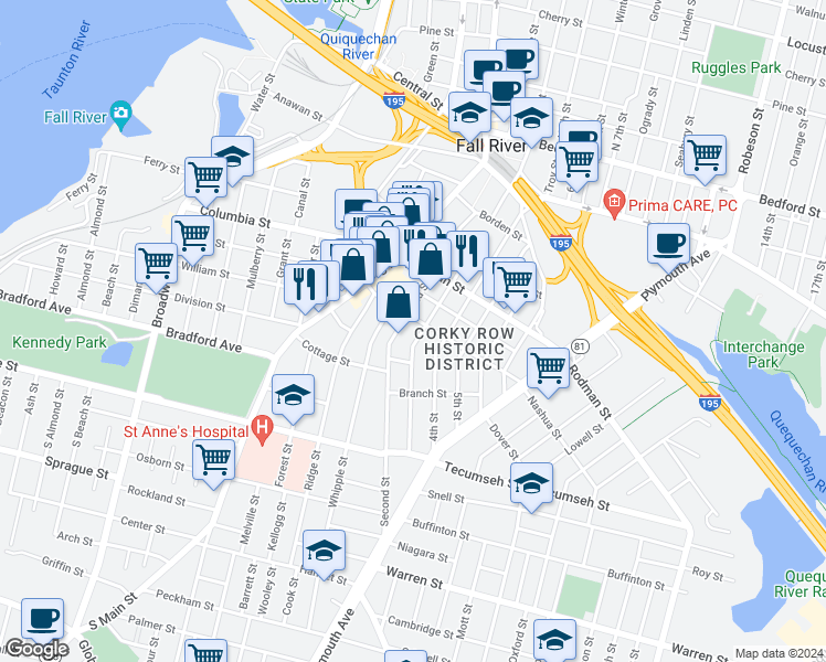 map of restaurants, bars, coffee shops, grocery stores, and more near 513 Third Street in Fall River