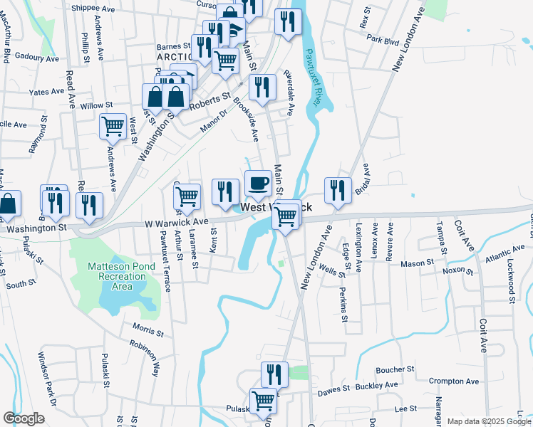 map of restaurants, bars, coffee shops, grocery stores, and more near 103 Legris Avenue in West Warwick