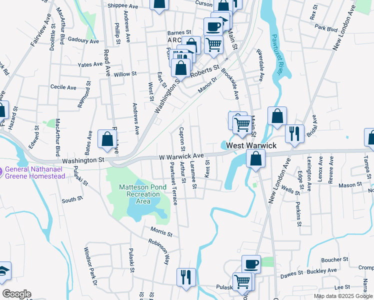 map of restaurants, bars, coffee shops, grocery stores, and more near 53 West Warwick Avenue in West Warwick