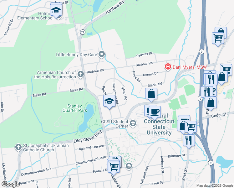 map of restaurants, bars, coffee shops, grocery stores, and more near 63 Hazelmere Road in New Britain
