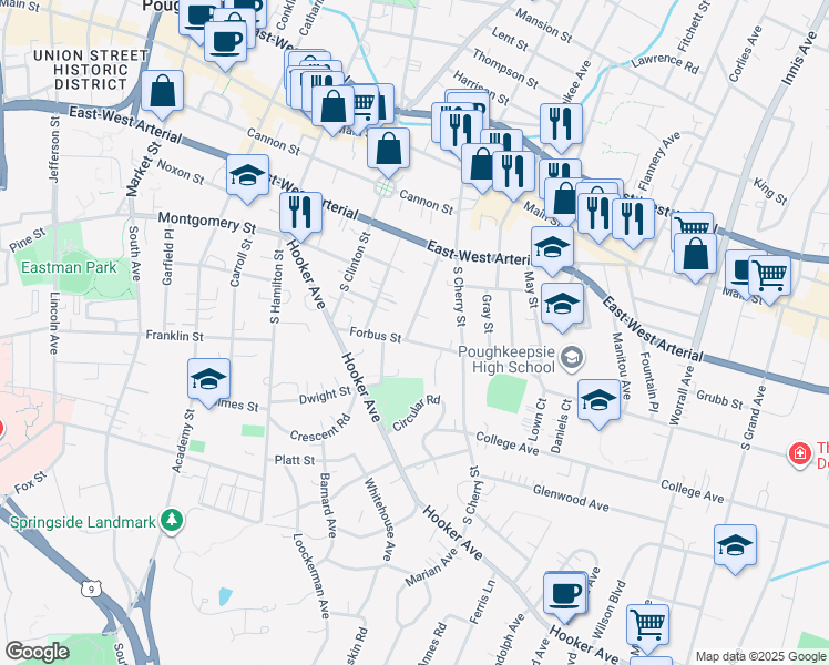 map of restaurants, bars, coffee shops, grocery stores, and more near 23 Forbus Street in Poughkeepsie