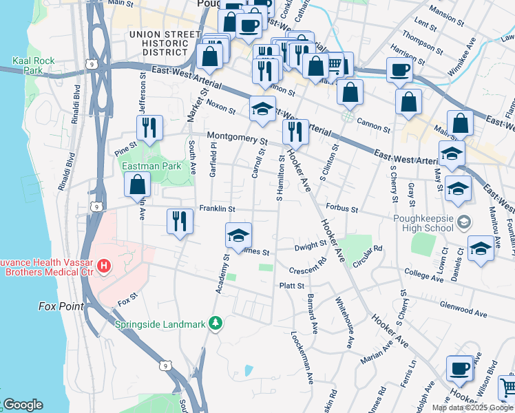 map of restaurants, bars, coffee shops, grocery stores, and more near 76 Carroll Street in Poughkeepsie