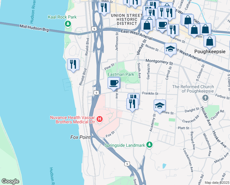 map of restaurants, bars, coffee shops, grocery stores, and more near 46 Lincoln Avenue in Poughkeepsie