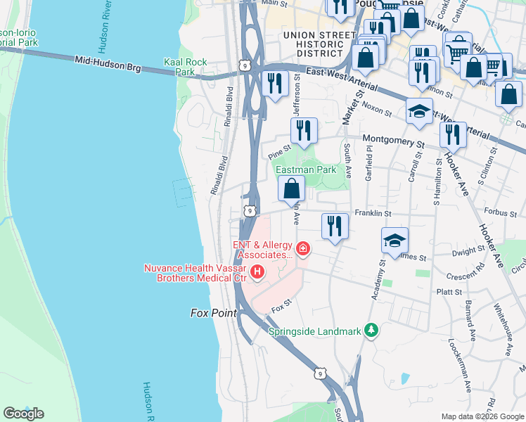 map of restaurants, bars, coffee shops, grocery stores, and more near 1 Columbia Street in Poughkeepsie