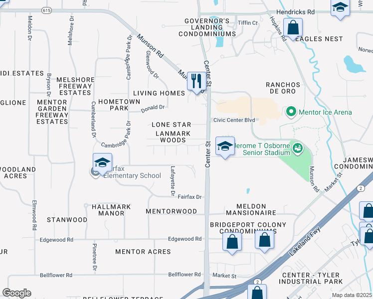 map of restaurants, bars, coffee shops, grocery stores, and more near 8361 Findley Drive in Mentor